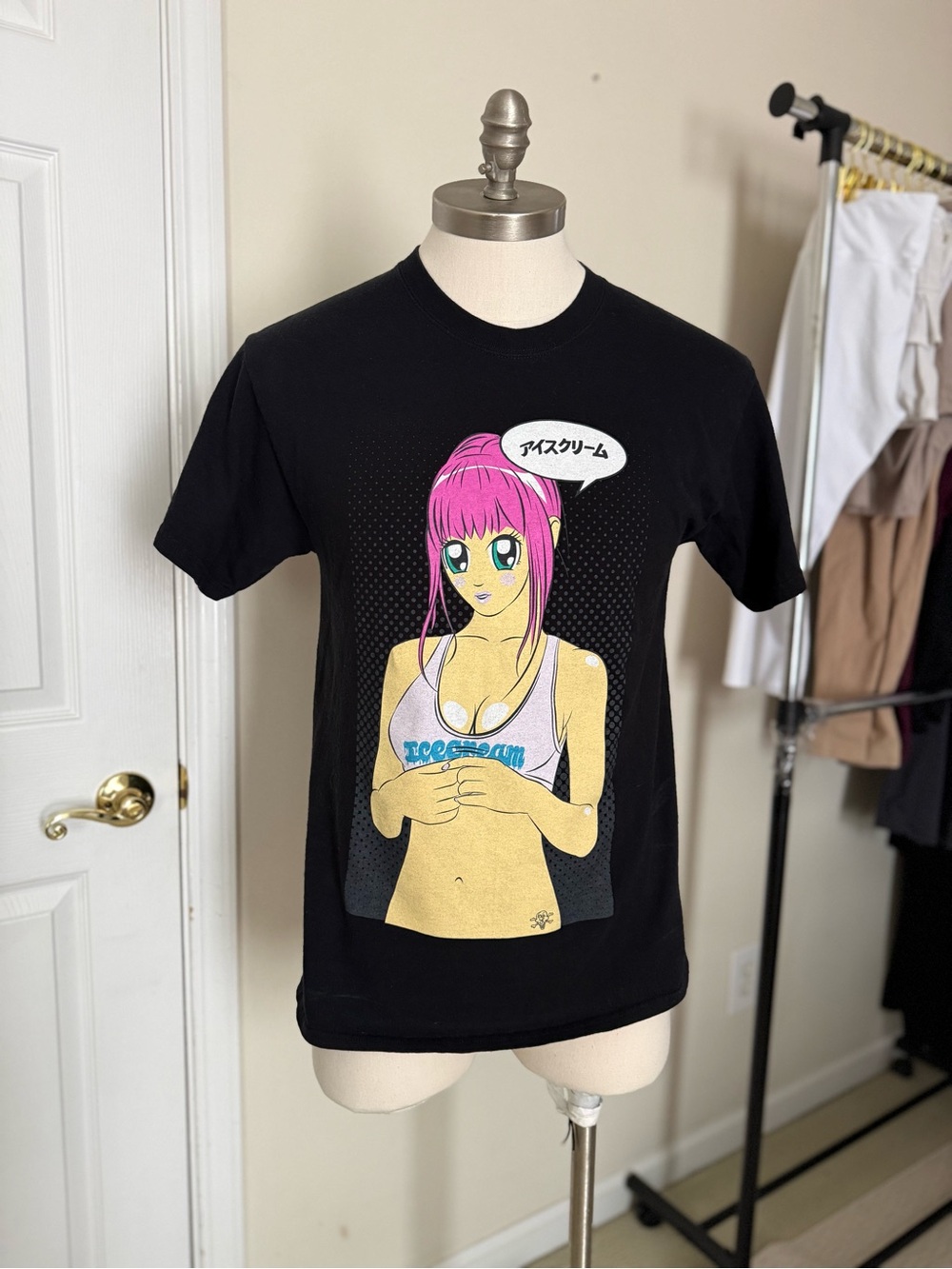 Icecream Black Tee with Pink-Haired Anime Girl Graphic